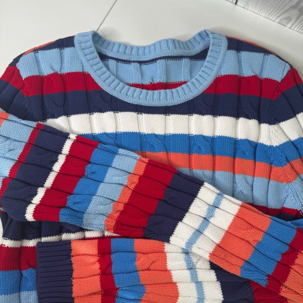 Appleseed's Cable Knit Sweater Striped Primary Rainbow Cotton Size Medium NWOT